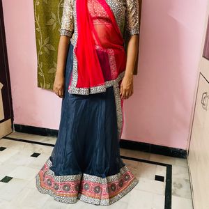 Beautiful Grey And Pink Net Lehenga Orni With Blou