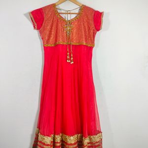 Corel Red With Gold Anarkali (Women's)