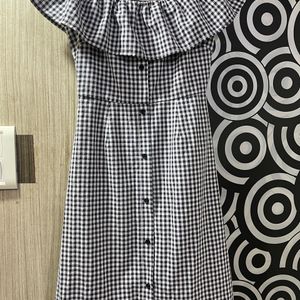 A Beautiful Off Shoulder Black White Check Dress