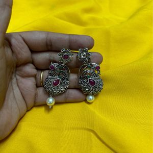 Big Oxidised Earrings With Peacock 🦚 Design