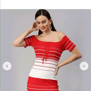 SHOWOFF Bodycon Dress with Off-Shoulders Red White