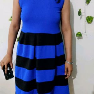 Blue & Black Striped A Line Knee Length Dress