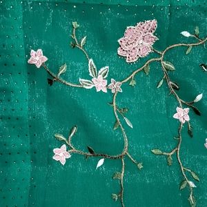 Sea Green Jimmy Choo Saree With Stitched Blouse