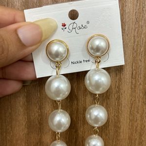 Pearl String Long Drop Earrings With Screw