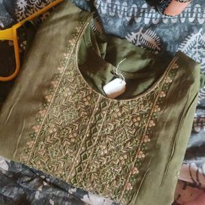 Pista Green Kurti With Golden Embroidery Work