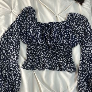 Blue White Leopard Print Top