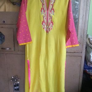 Yellow, Straight,embroidered Kurti, Used.