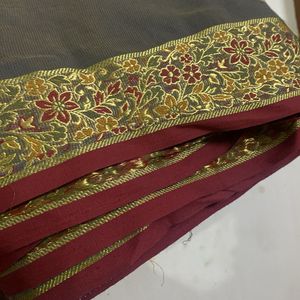 Beautiful Grey Saree With Maroon Boarder