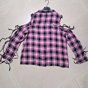 Pink Checked Shirt Style Top