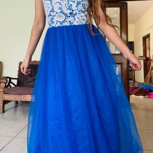 Vintage Blue White Tulle Gown Party Dress