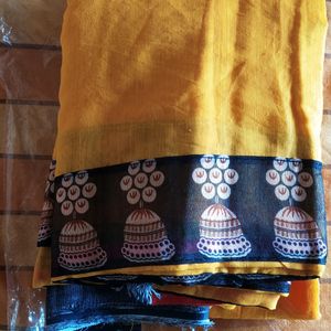 (New) Beautiful Yellow Saree With Blouse Piece