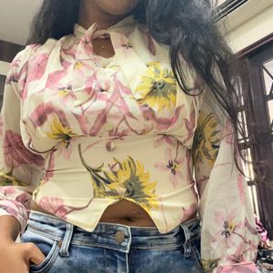 Cream Colour Floral Print Crop Top