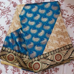 Beige And Blue Designer Saree With Blouse