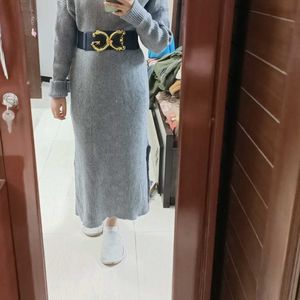 Women Grey Long Ribbed High Neck Sweater Dress