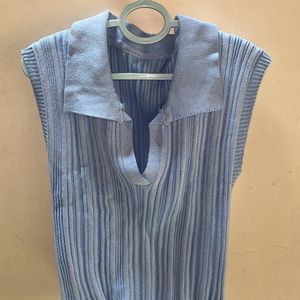Blue Ribbed Shirt Collar Fitted Crop Top