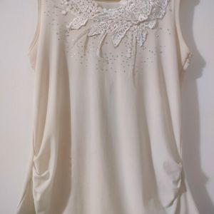 Off White Sleeveless Embroidered Net top