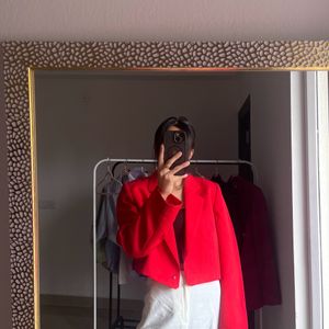 Mandarin Collar Long Sleeve Red Crop Blazer