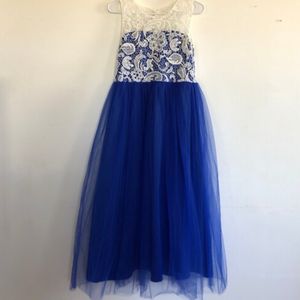 Vintage Blue White Tulle Gown Party Dress