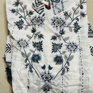 White Blue Printed Anarkali Short Kurti