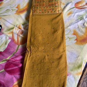 Mustard Cotton Silk Suit With Multicolored Dupatta