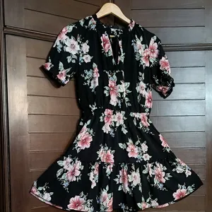 Inspired Hearts Black Floral Front Tie-up Dress