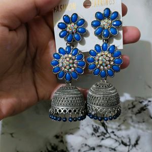 Women Fashion Earrings Blue Stones Oxidised Silver