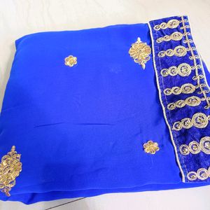 Blue Saree With velvet Golden Border 💙