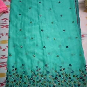 Flower Embroidery Green Saree