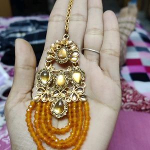 Mustard Earrings With Maangtika