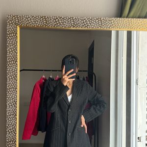 Single Breasted V Neck Pinstripe Long Blazer