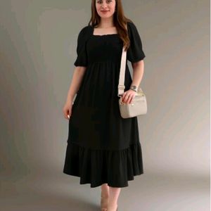 Black Waist Hug Flared Dress