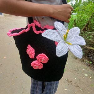 Crochet Black With Baby Pink Aesthetic Bag 🌸🌷