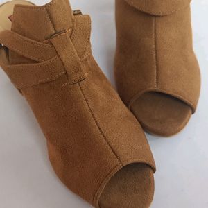 Tan Color Block Heel Open Toe Boots