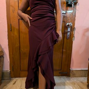 Burgundy Cotton Maxi Dress , With One Leg Split