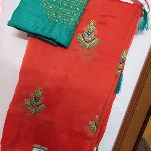 New Saree With Work Blose Piece + Lining Free