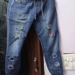 Blue Denim Loffer, Jogger with Cut Patches