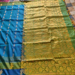 Blue And Green Soft Silk Saree