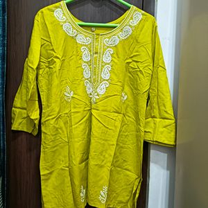 Chickenkari Work Lime Green Short Kurti XL Size