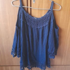 Blue COLD SHOULDERED PARTY TOP With Bordered Neck