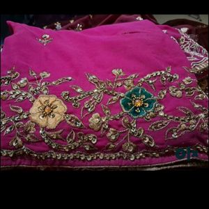 Dark Pink Saree With Embroidery Work No Ret