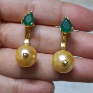 Golden Pearl and Green Stone Screw Back Earrings