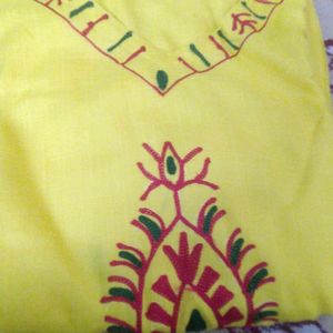 Mustard Embroidered Cotton Kurta Pant Set Xl Size