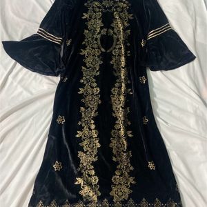 Black Velvet Foil Print Flared Sleeve Kurta