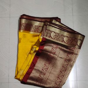 Mustard Yellow Maroon Colour Saree