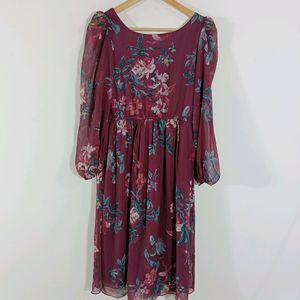 Athena Burgundy Printed Western Wear Dress M Size