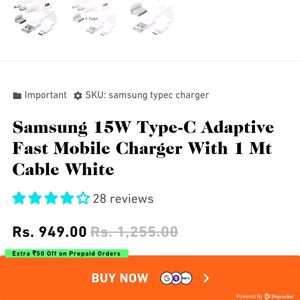 Samsung 15w Charger With  Type -C cable