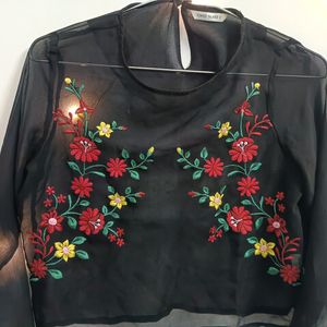 Tokyo Talkies Black Embroidered Sheer Top