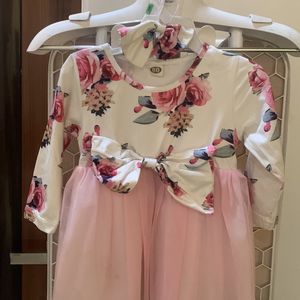 Floral Pink Colour Party Wear Frock With Hairband