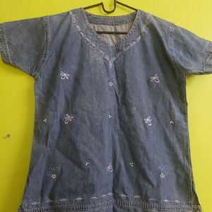 Denim Embroidered Top