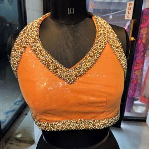 Orange Designer Stone Embroidery Blouse